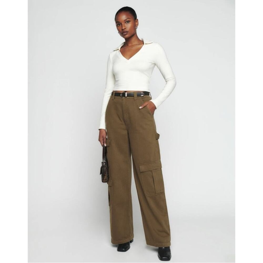 Reformation Landy Wide Leg High Rise Cargo Utility Jeans Dark Olive Green 30